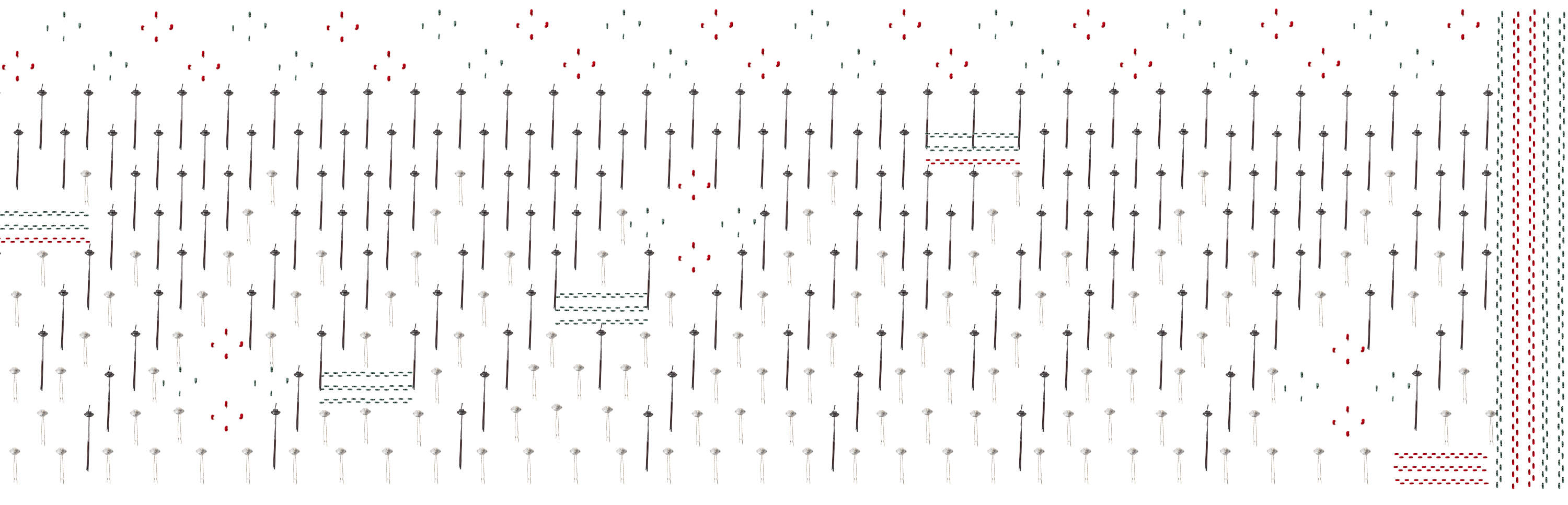 Patterned background of repeating vertical lines resembling stemmed plants, interspersed with small red dots, displaying a transition from sparse to dense arrangement across the image.